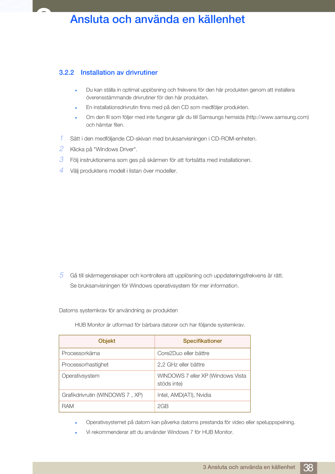 Samsung LC27A550US/EN, LC23A550US/EN manual Installation av drivrutiner, Objekt Specifikationer 