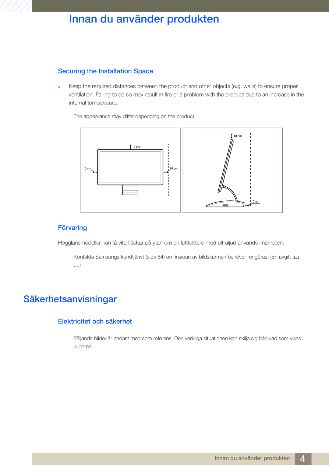 Samsung LC27A550US/EN manual Säkerhetsanvisningar, Securing the Installation Space, Förvaring, Elektricitet och säkerhet 