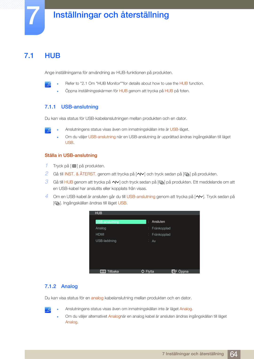 Samsung LC27A550US/EN, LC23A550US/EN manual Inställningar och återställning, Hub, Analog, Ställa in USB-anslutning 