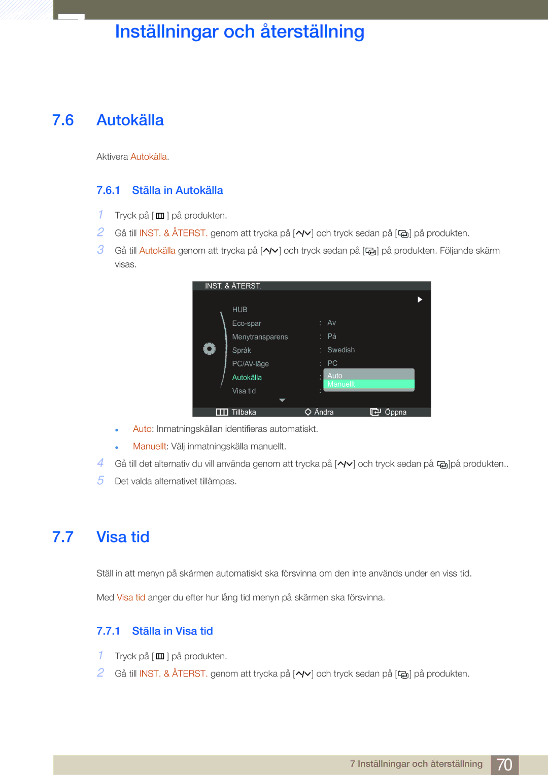 Samsung LC27A550US/EN, LC23A550US/EN manual 1 Ställa in Autokälla, 1 Ställa in Visa tid 