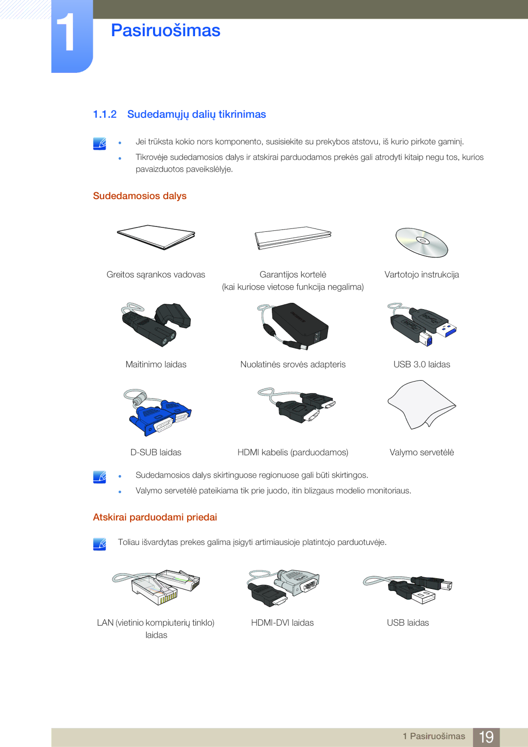 Samsung LC23A550US/EN, LC27A550US/EN manual Sudedamųjų dalių tikrinimas, Sudedamosios dalys, Atskirai parduodami priedai 