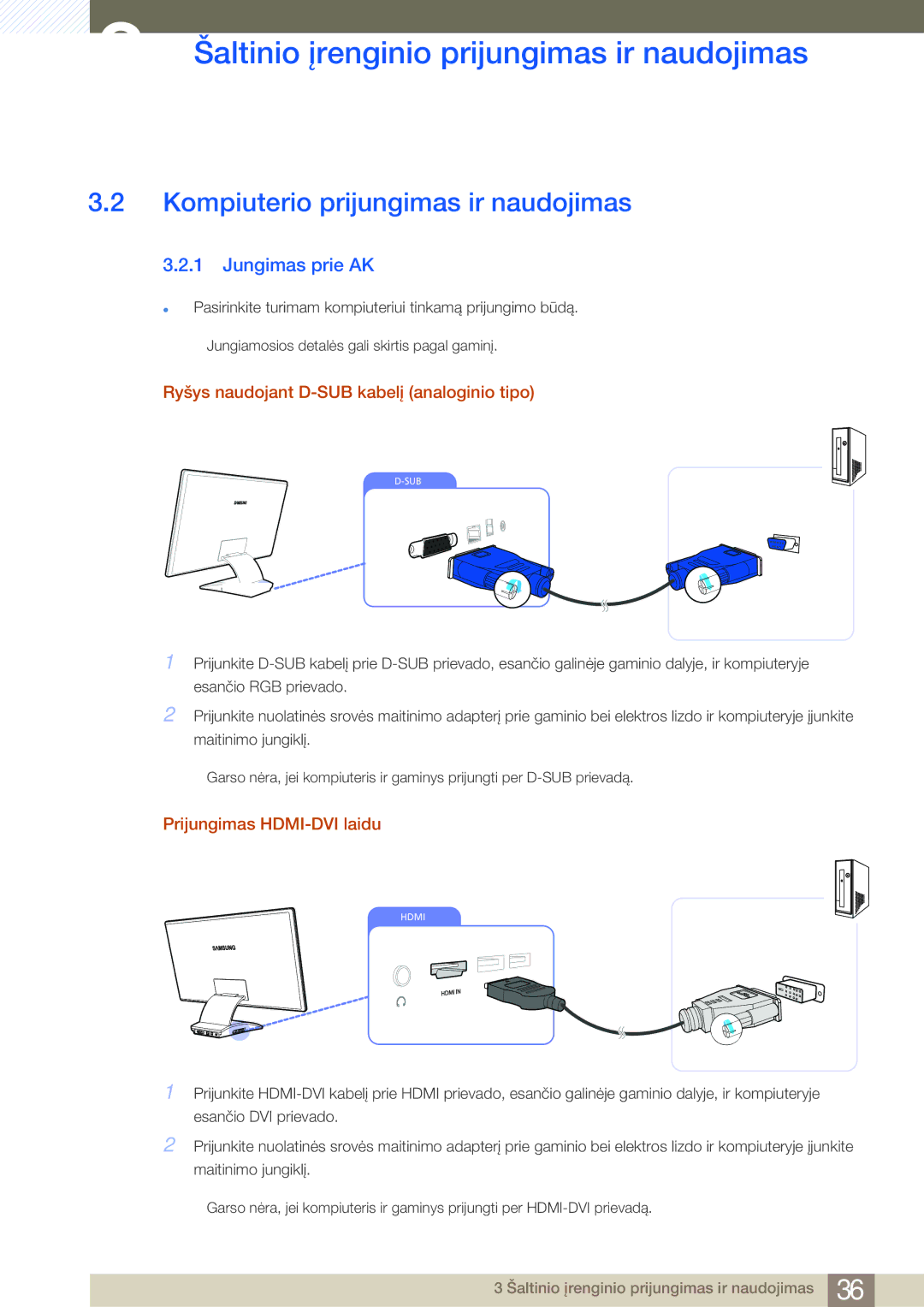 Samsung LC27A550US/EN, LC23A550US/EN Kompiuterio prijungimas ir naudojimas, Jungimas prie AK, Prijungimas HDMI-DVI laidu 