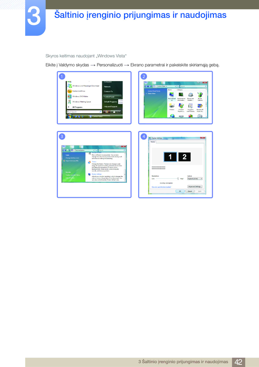 Samsung LC27A550US/EN, LC23A550US/EN manual Skyros keitimas naudojant „Windows Vista 