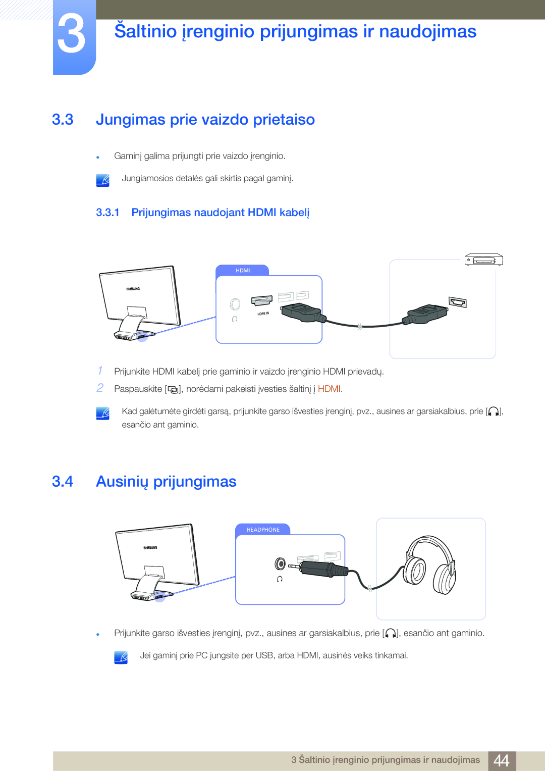 Samsung LC27A550US/EN manual Jungimas prie vaizdo prietaiso, Ausinių prijungimas, Prijungimas naudojant Hdmi kabelį 