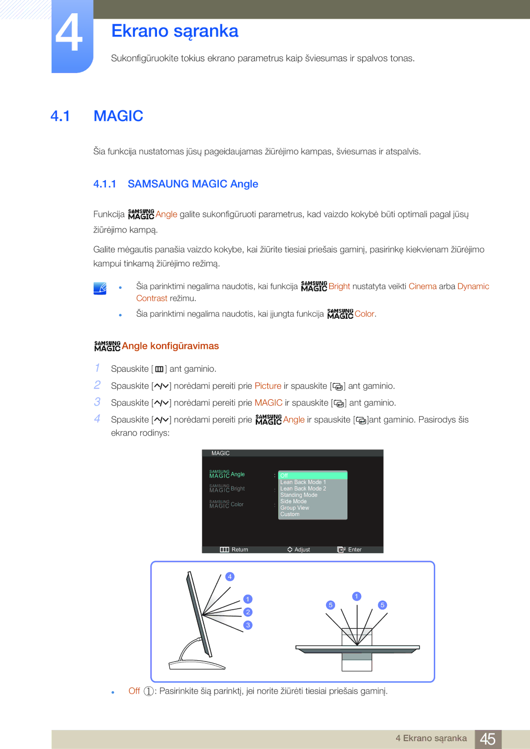 Samsung LC23A550US/EN, LC27A550US/EN manual Ekrano sąranka, Samsaung Magic Angle, Angle konfigūravimas 