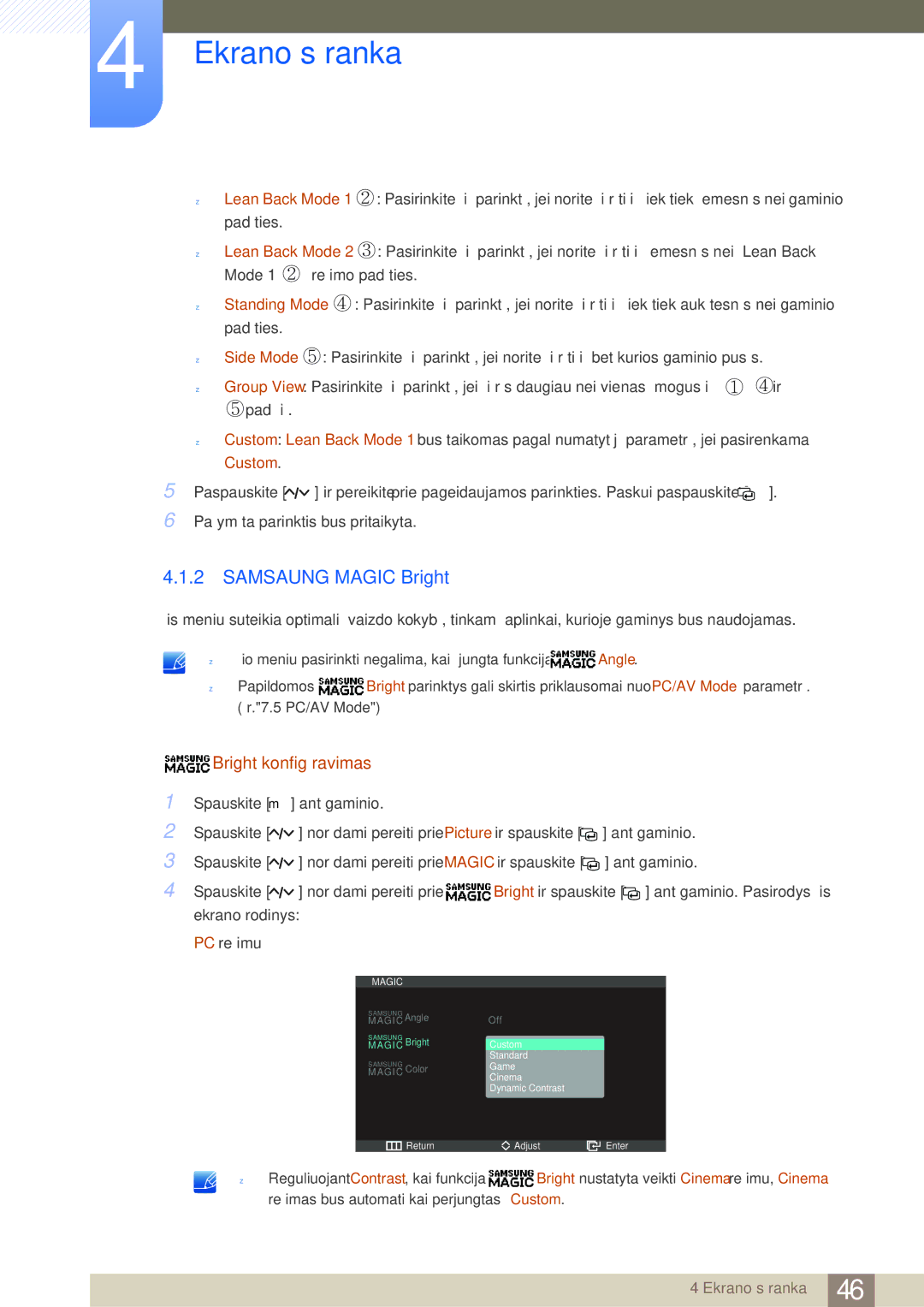 Samsung LC27A550US/EN, LC23A550US/EN manual Samsaung Magic Bright, Bright konfigūravimas 