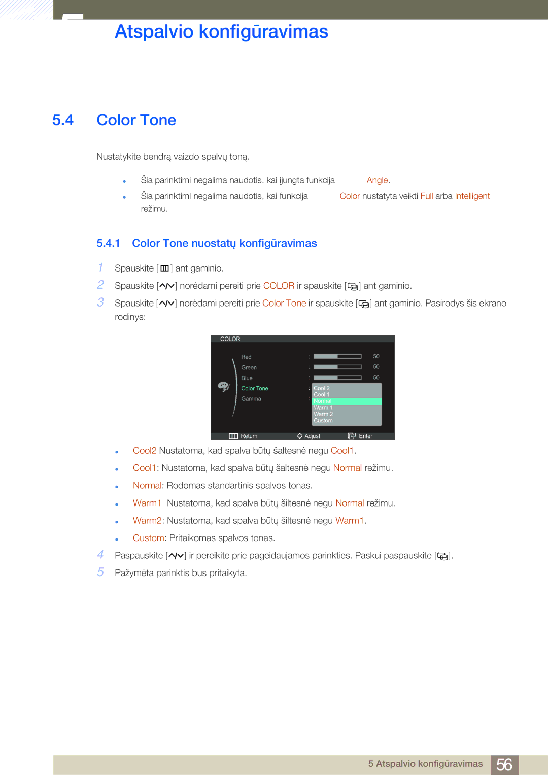 Samsung LC27A550US/EN, LC23A550US/EN manual Color Tone nuostatų konfigūravimas 