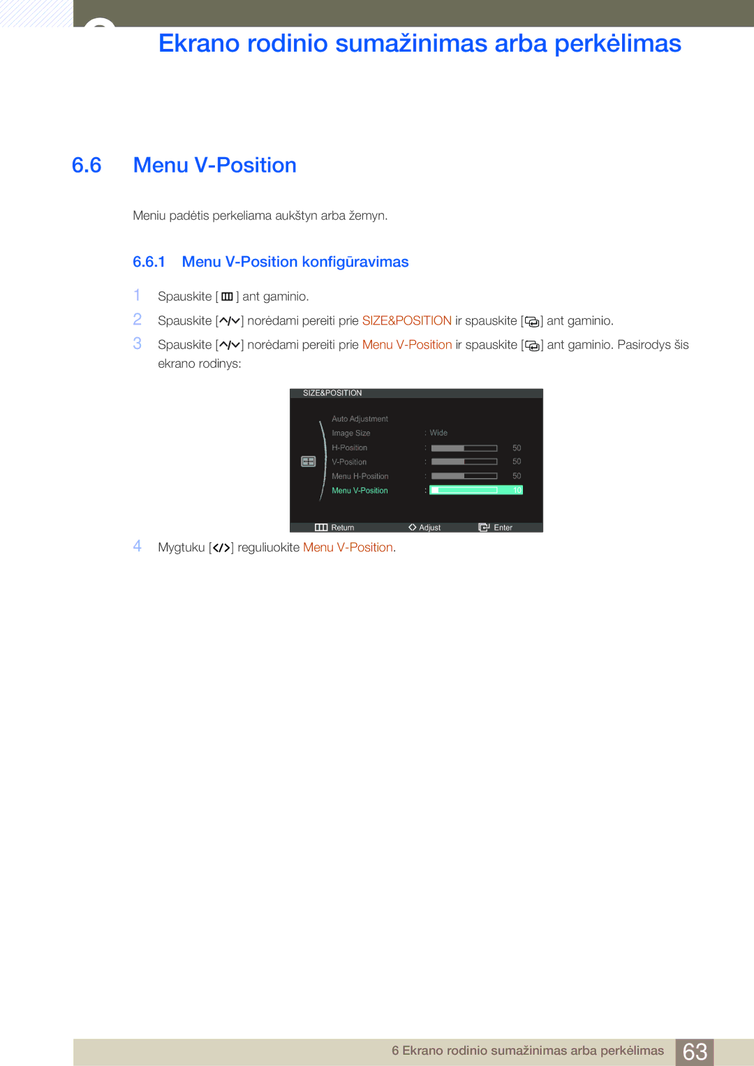 Samsung LC23A550US/EN, LC27A550US/EN manual Menu V-Position konfigūravimas 