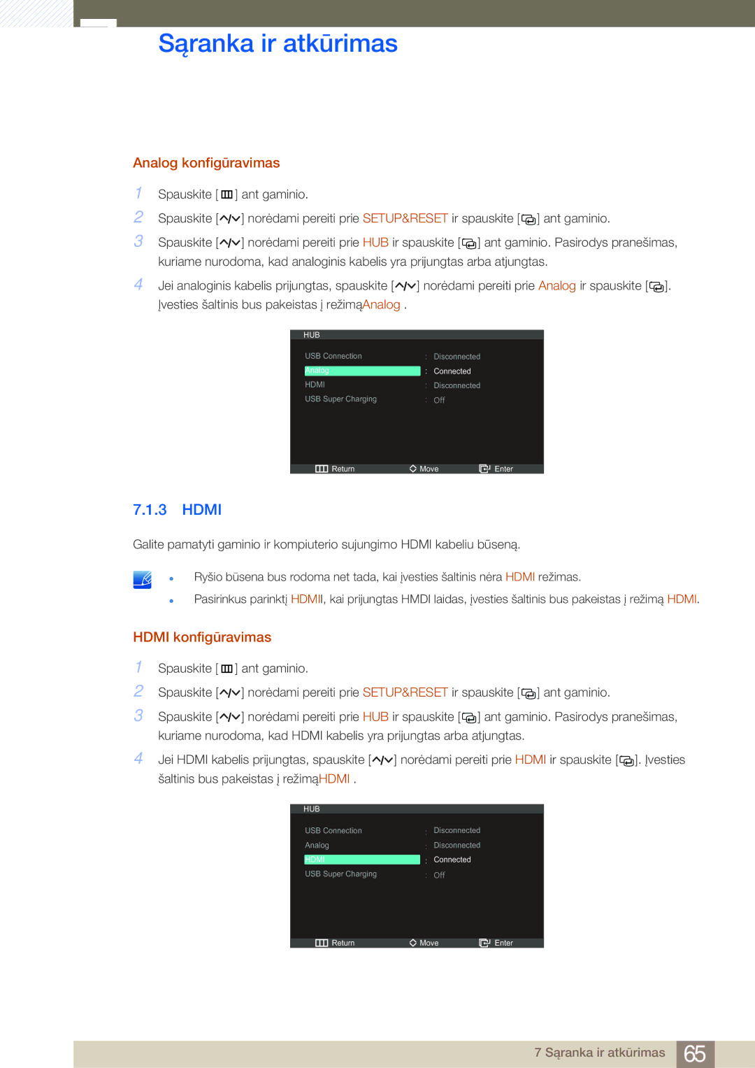 Samsung LC23A550US/EN, LC27A550US/EN manual Analog konfigūravimas, Hdmi konfigūravimas 