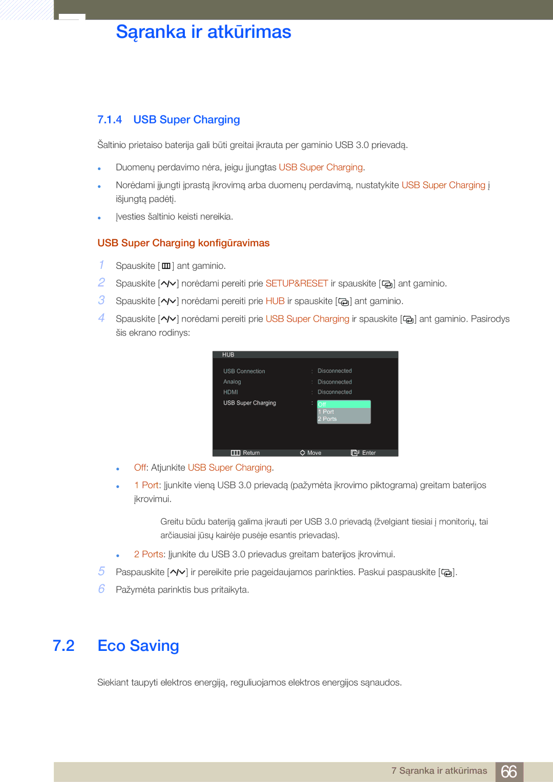 Samsung LC27A550US/EN, LC23A550US/EN manual Eco Saving, USB Super Charging konfigūravimas 