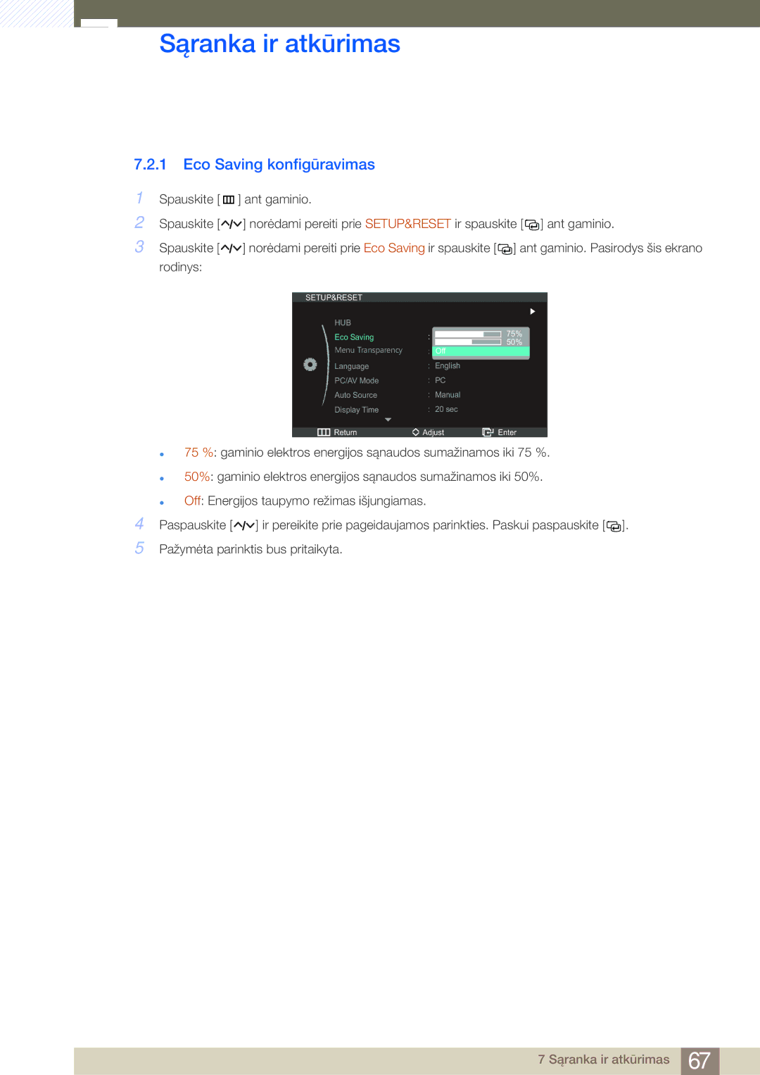 Samsung LC23A550US/EN, LC27A550US/EN manual Eco Saving konfigūravimas, Setup&Reset 