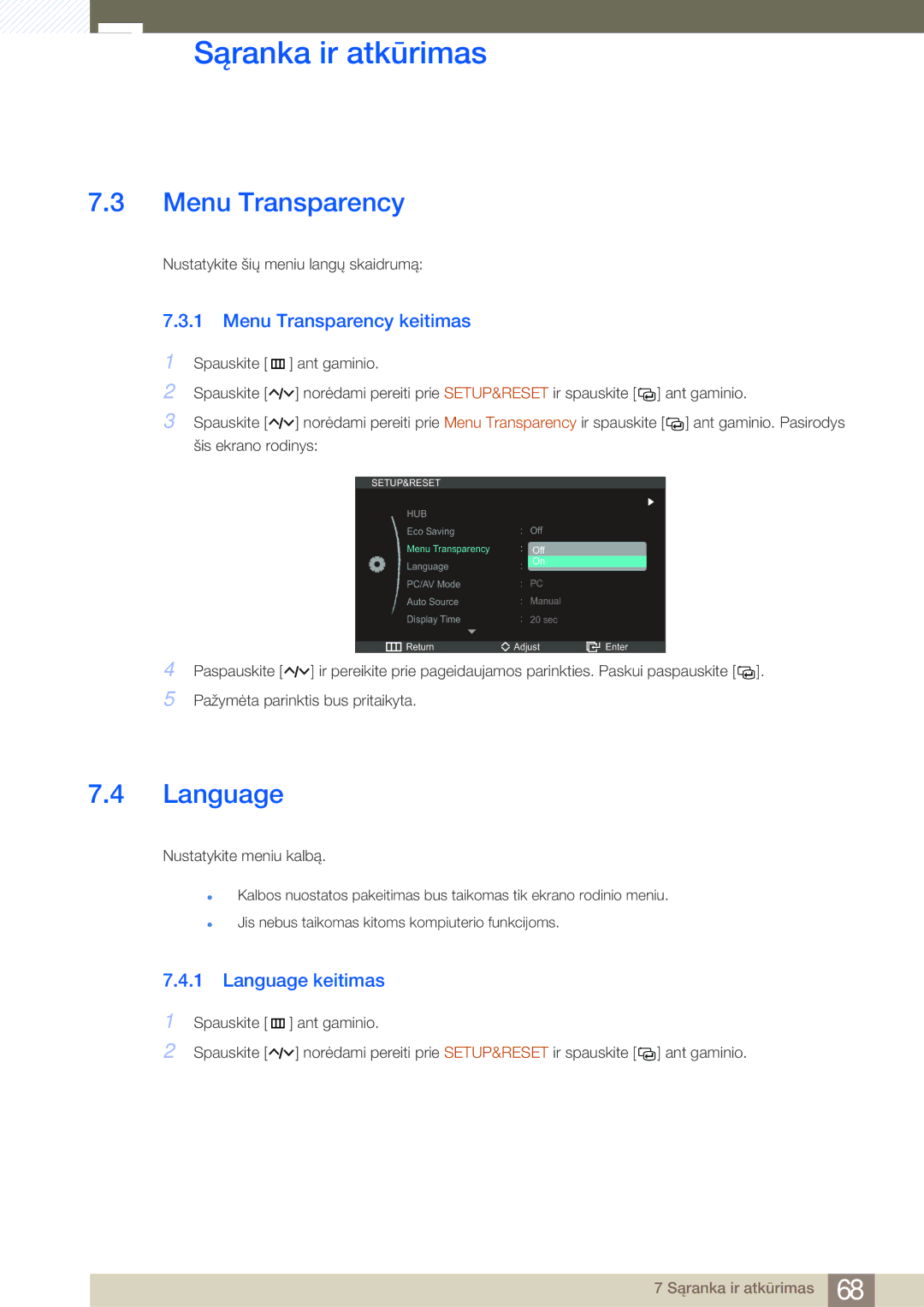 Samsung LC27A550US/EN, LC23A550US/EN manual Menu Transparency keitimas, Language keitimas 