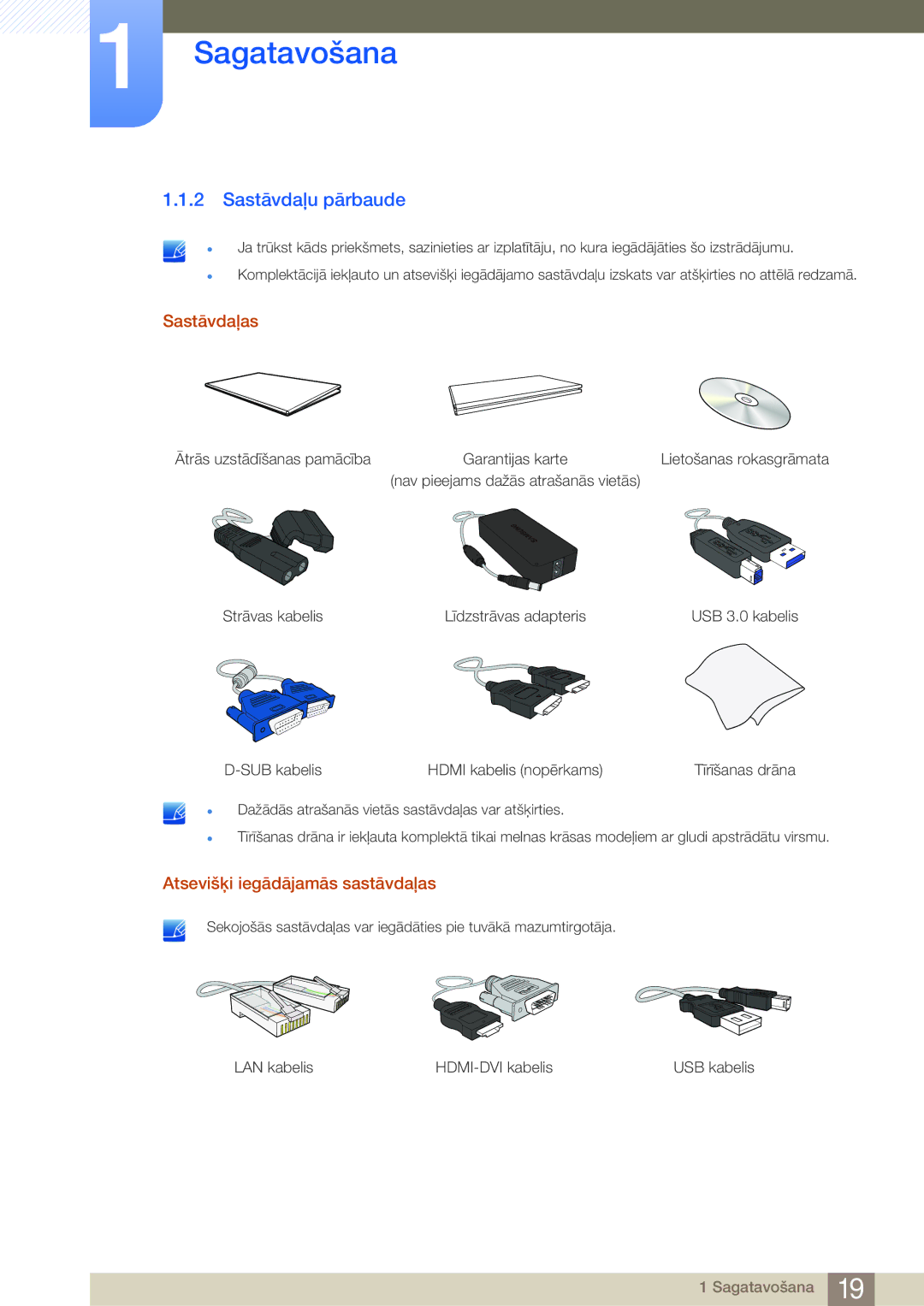 Samsung LC23A550US/EN, LC27A550US/EN manual Sastāvdaļu pārbaude, Sastāvdaļas, Atsevišķi iegādājamās sastāvdaļas 