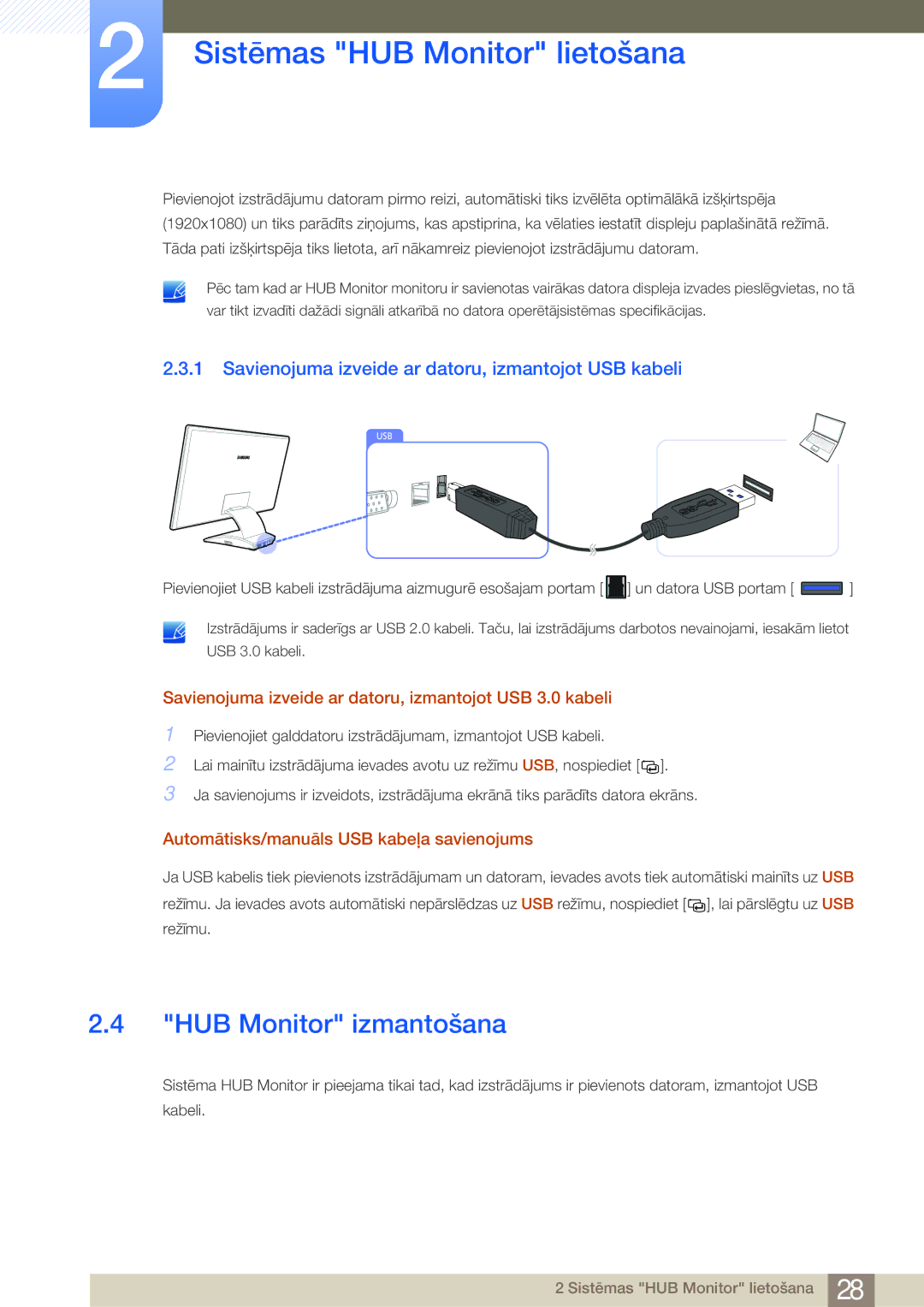 Samsung LC27A550US/EN, LC23A550US/EN manual HUB Monitor izmantošana, Savienojuma izveide ar datoru, izmantojot USB kabeli 