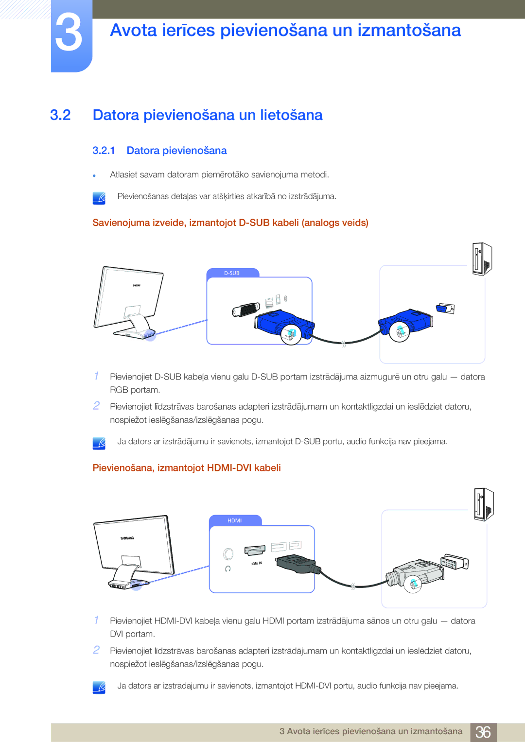 Samsung LC27A550US/EN manual Datora pievienošana un lietošana, Savienojuma izveide, izmantojot D-SUB kabeli analogs veids 