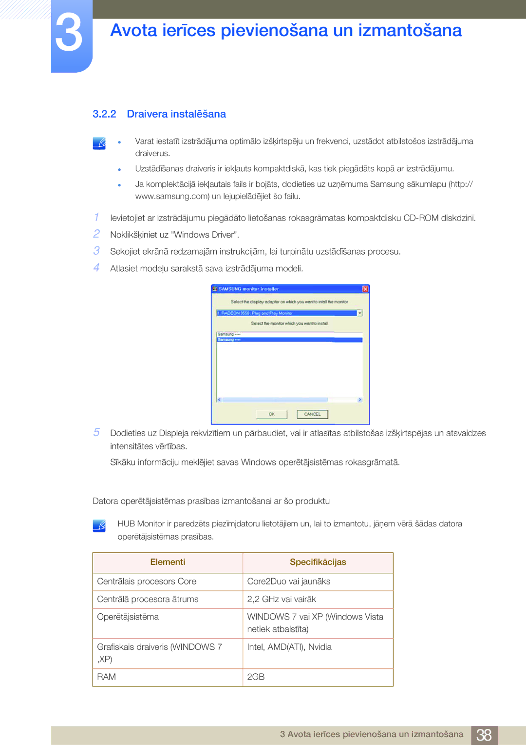 Samsung LC27A550US/EN, LC23A550US/EN manual Draivera instalēšana, Elementi Specifikācijas 