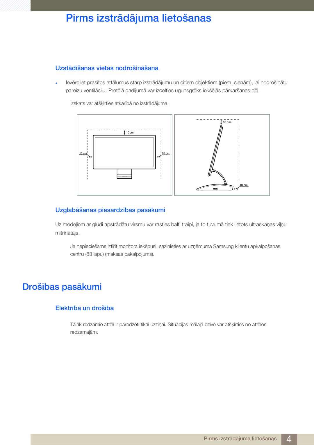 Samsung LC27A550US/EN manual Drošības pasākumi, Uzstādīšanas vietas nodrošināšana, Uzglabāšanas piesardzības pasākumi 