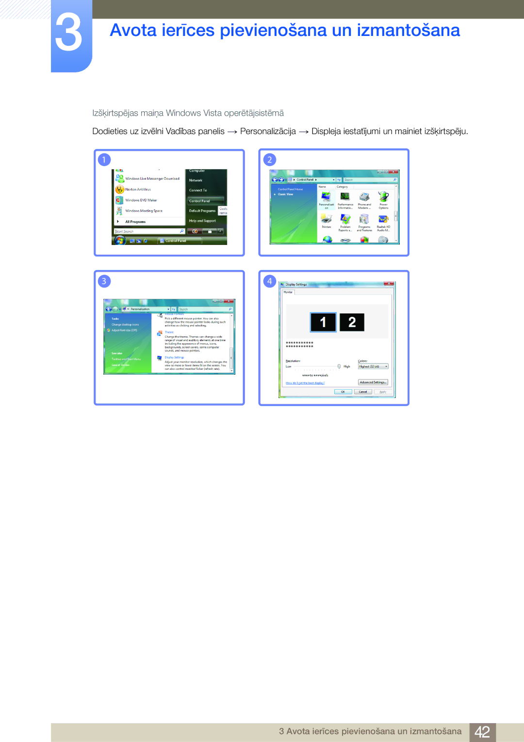Samsung LC27A550US/EN, LC23A550US/EN manual Izšķirtspējas maiņa Windows Vista operētājsistēmā 