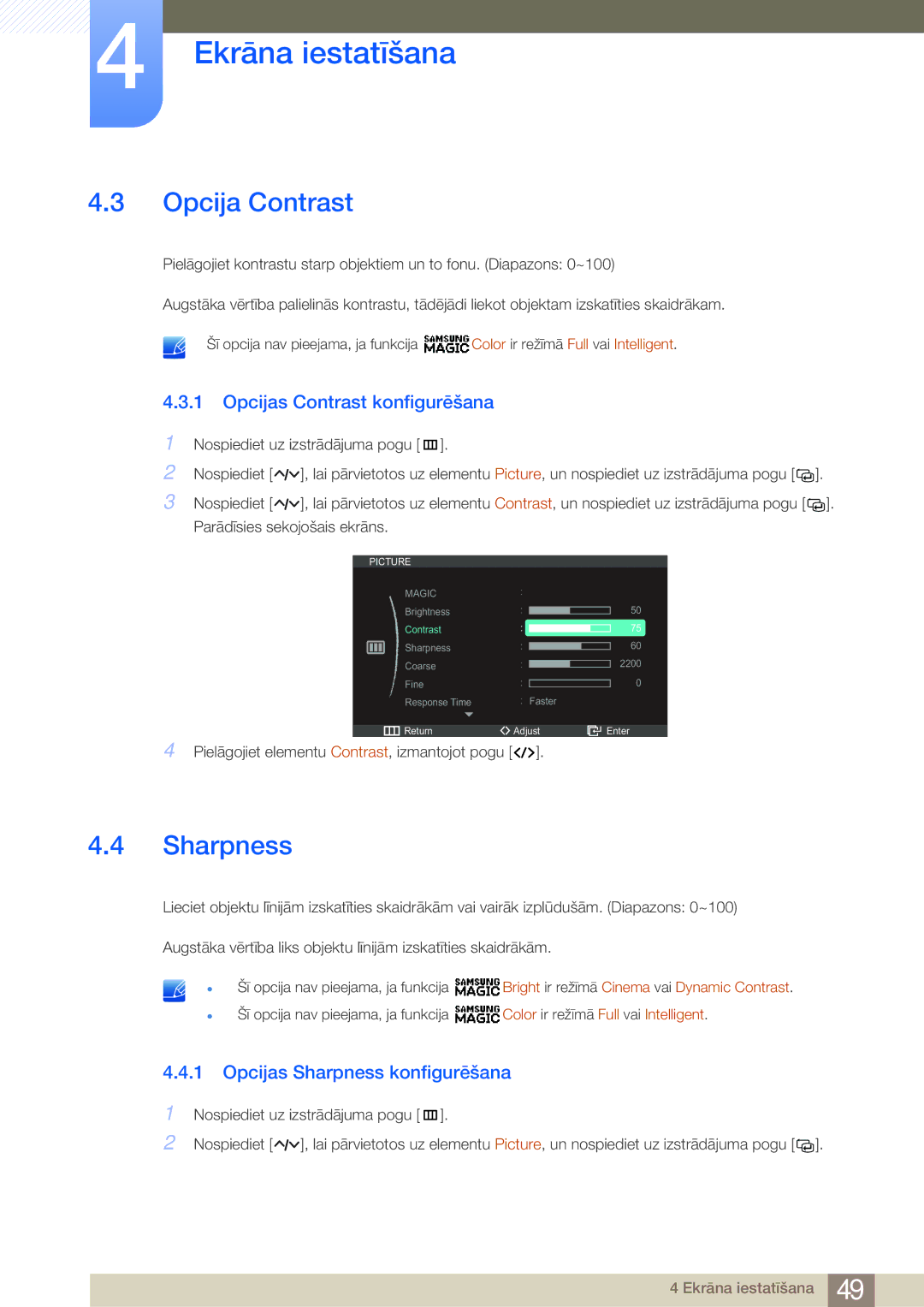 Samsung LC23A550US/EN, LC27A550US/EN Opcija Contrast, Opcijas Contrast konfigurēšana, Opcijas Sharpness konfigurēšana 