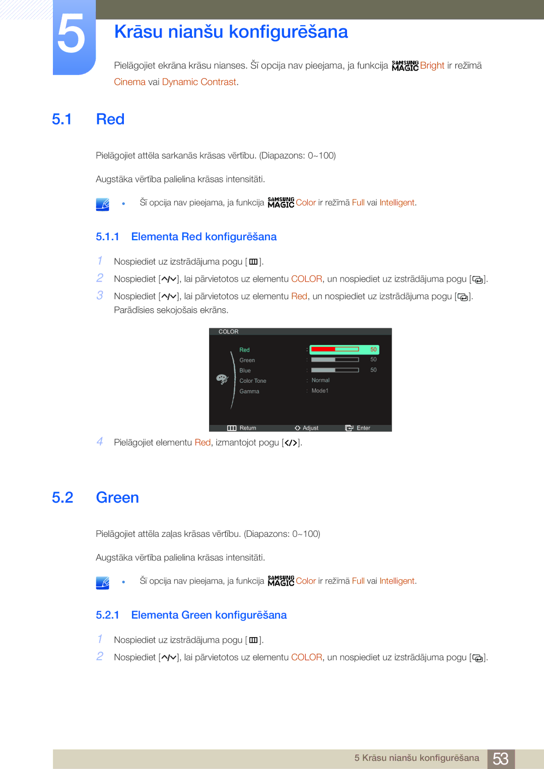 Samsung LC23A550US/EN manual Krāsu nianšu konfigurēšana, Elementa Red konfigurēšana, Elementa Green konfigurēšana 
