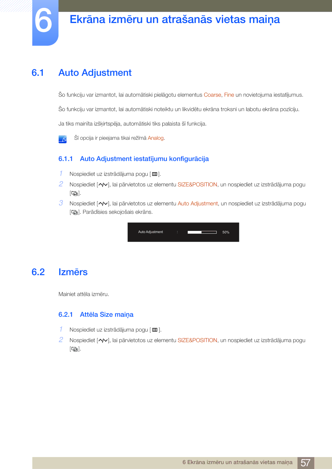 Samsung LC23A550US/EN, LC27A550US/EN Ekrāna izmēru un atrašanās vietas maiņa, Auto Adjustment, Izmērs, 1 Attēla Size maiņa 