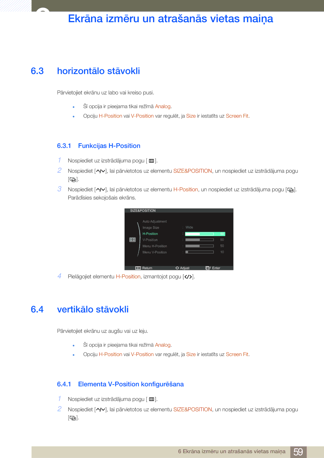 Samsung LC23A550US/EN Horizontālo stāvokli, Vertikālo stāvokli, Funkcijas H-Position, Elementa V-Position konfigurēšana 