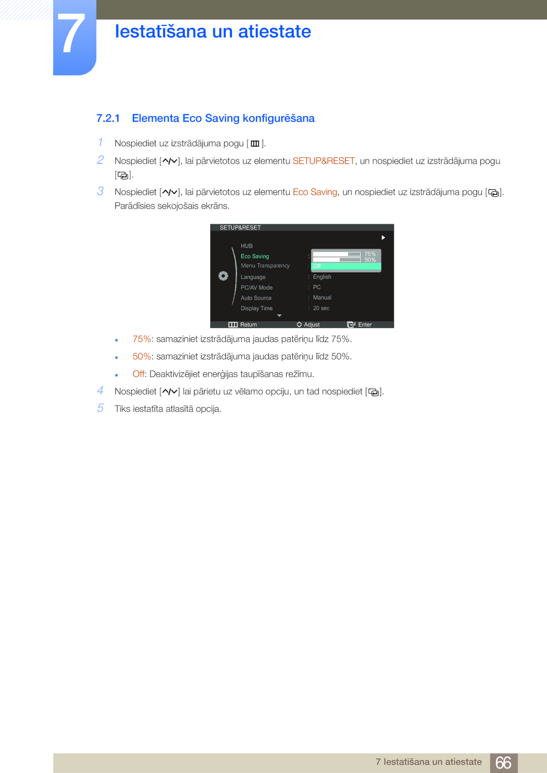 Samsung LC27A550US/EN, LC23A550US/EN manual Elementa Eco Saving konfigurēšana, Setup&Reset 