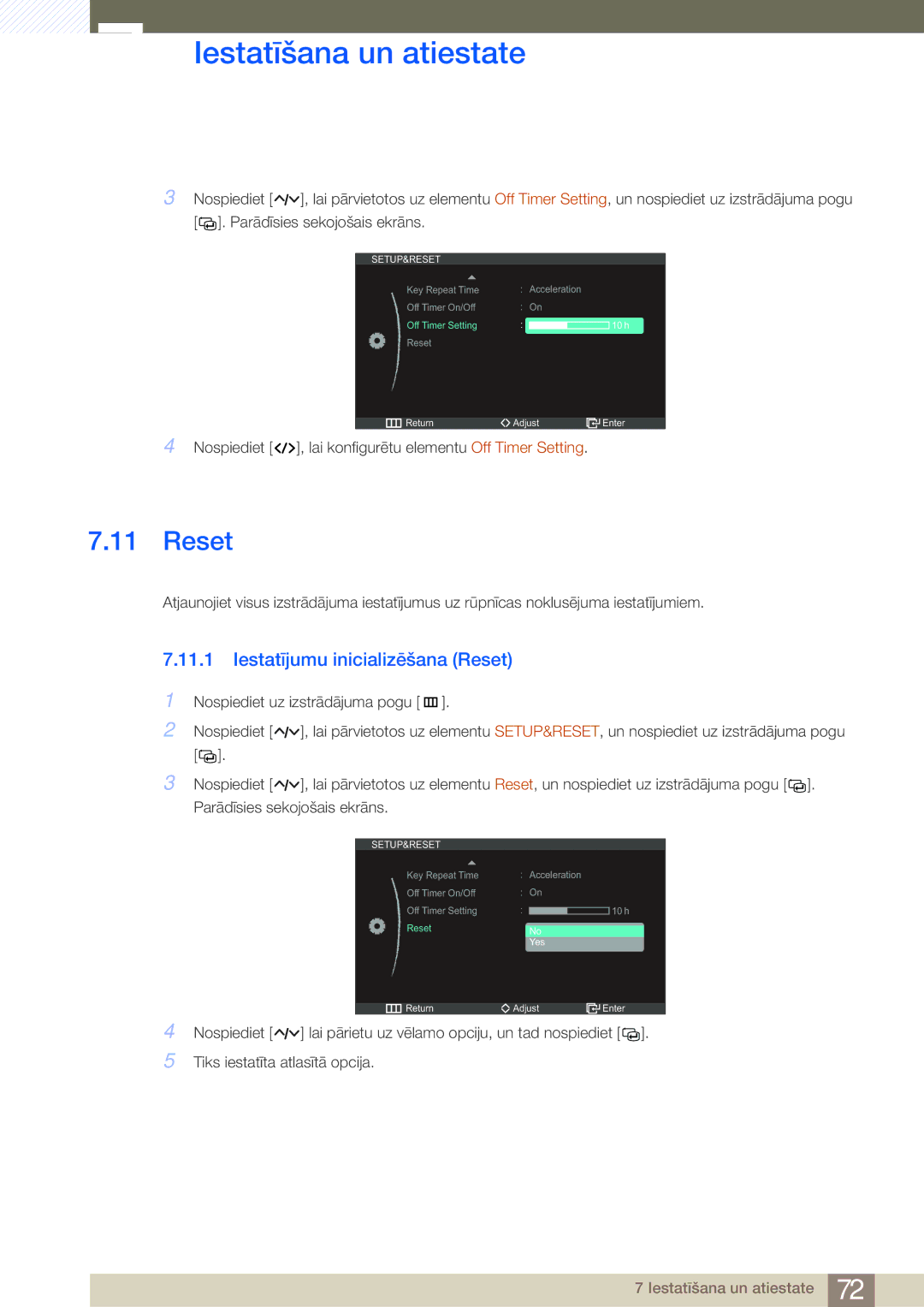 Samsung LC27A550US/EN, LC23A550US/EN manual Iestatījumu inicializēšana Reset 