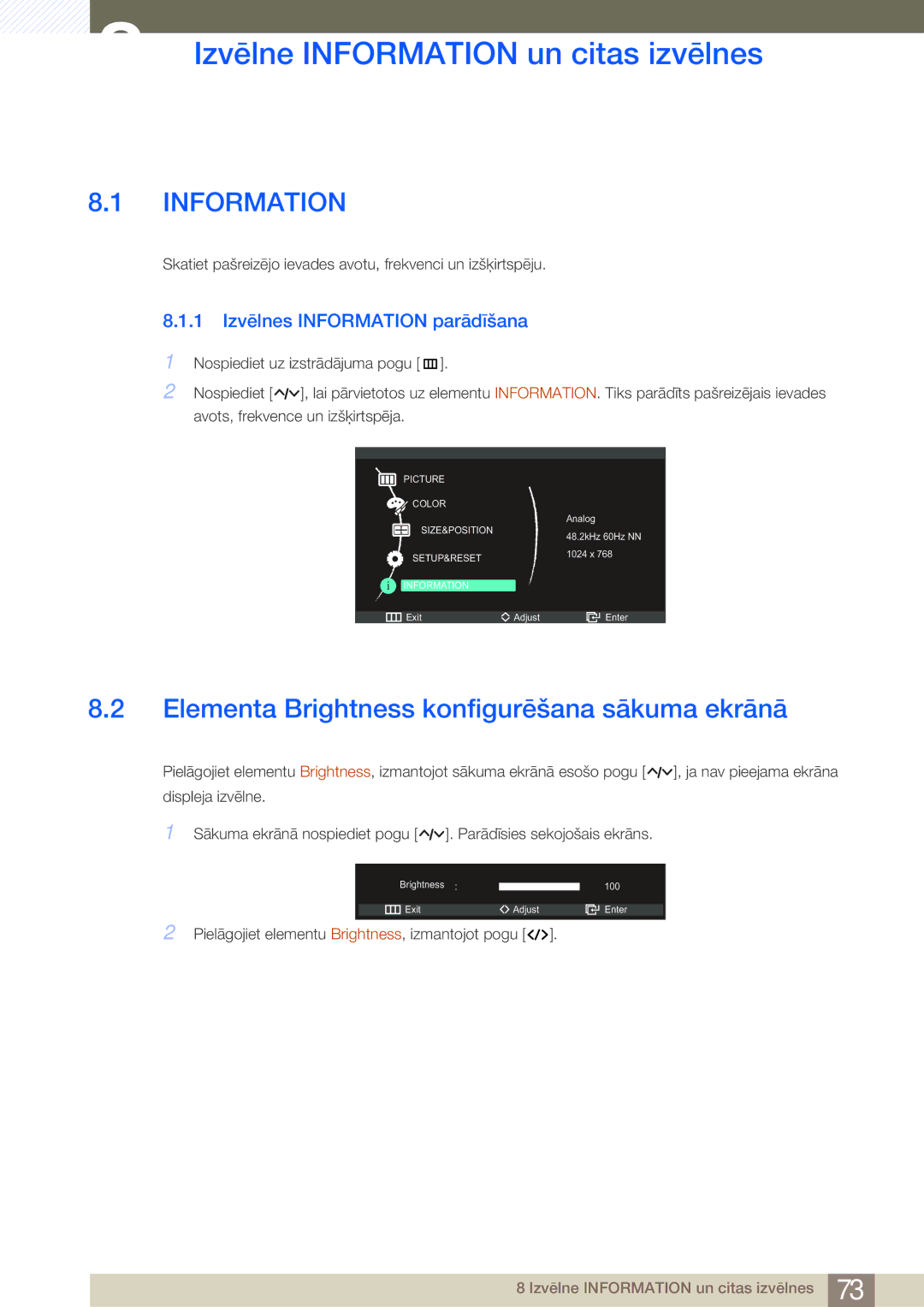 Samsung LC23A550US/EN manual Izvēlne Information un citas izvēlnes, Elementa Brightness konfigurēšana sākuma ekrānā 