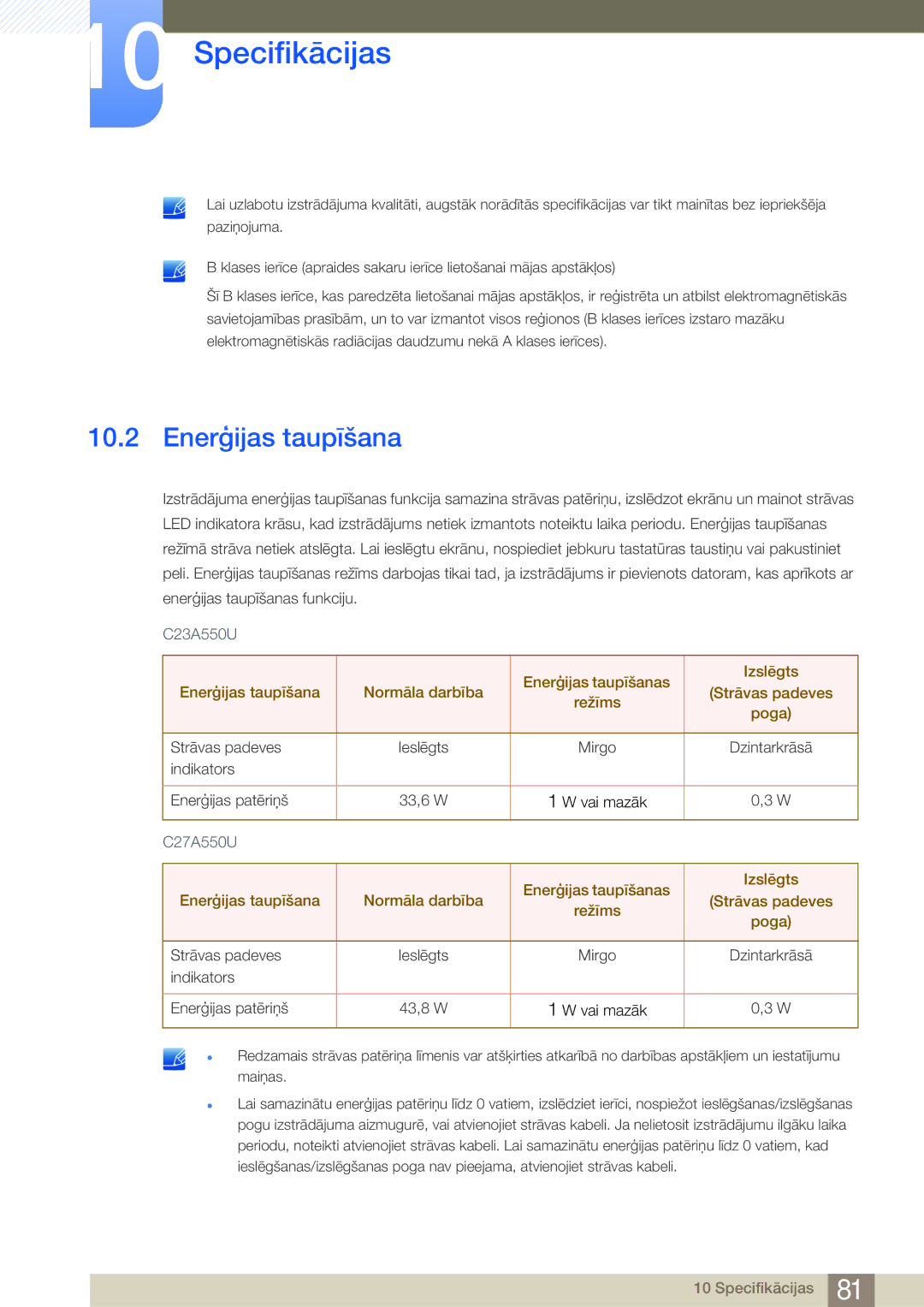 Samsung LC23A550US/EN, LC27A550US/EN manual Enerģijas taupīšana 