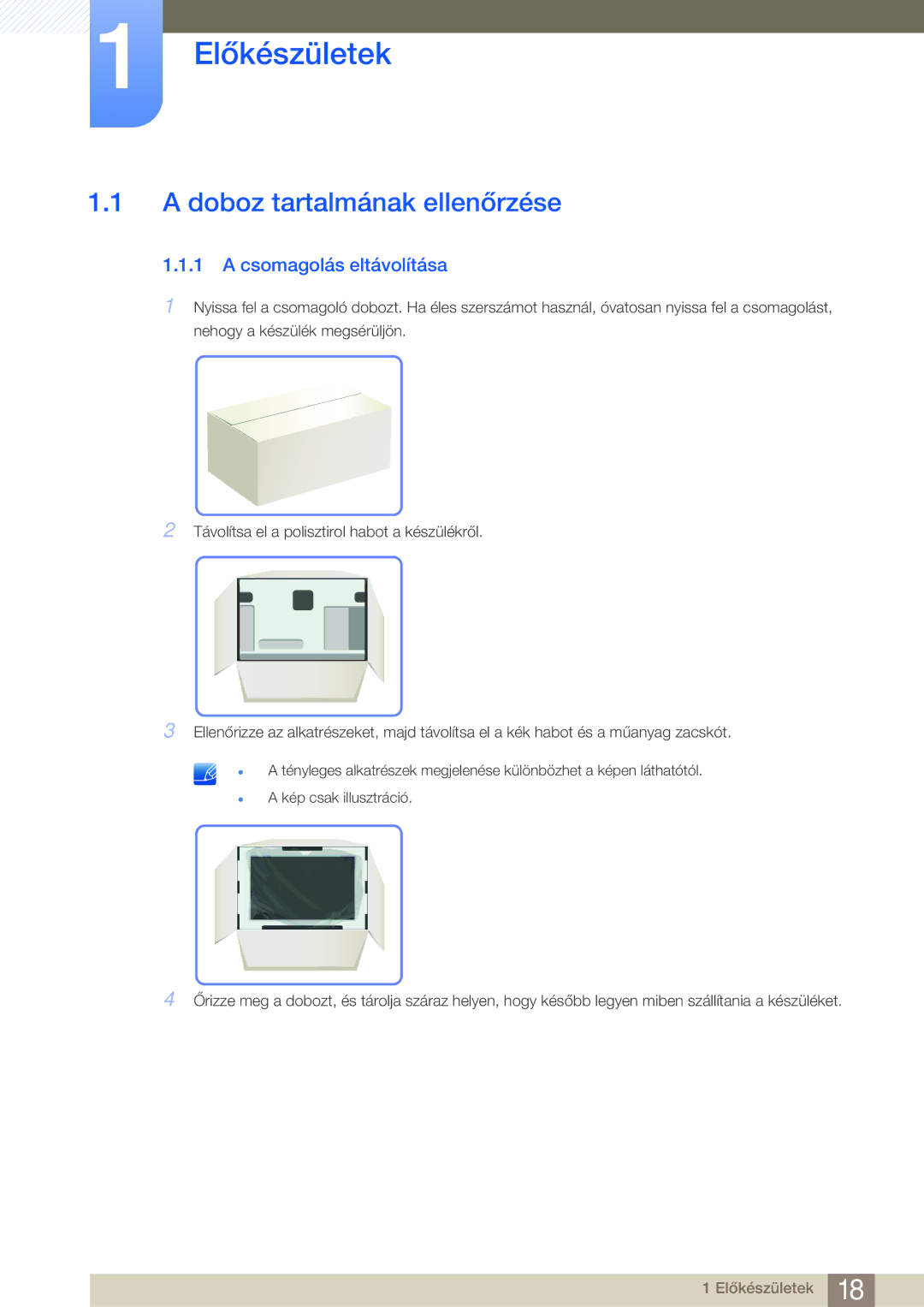 Samsung LC27A550US/EN, LC23A550US/EN manual Előkészületek, Doboz tartalmának ellenőrzése, Csomagolás eltávolítása 