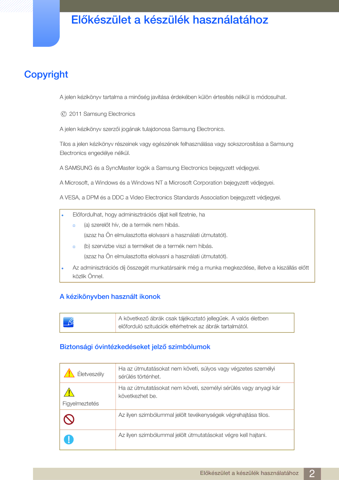 Samsung LC27A550US/EN, LC23A550US/EN manual Előkészület a készülék használatához, Copyright, Kézikönyvben használt ikonok 