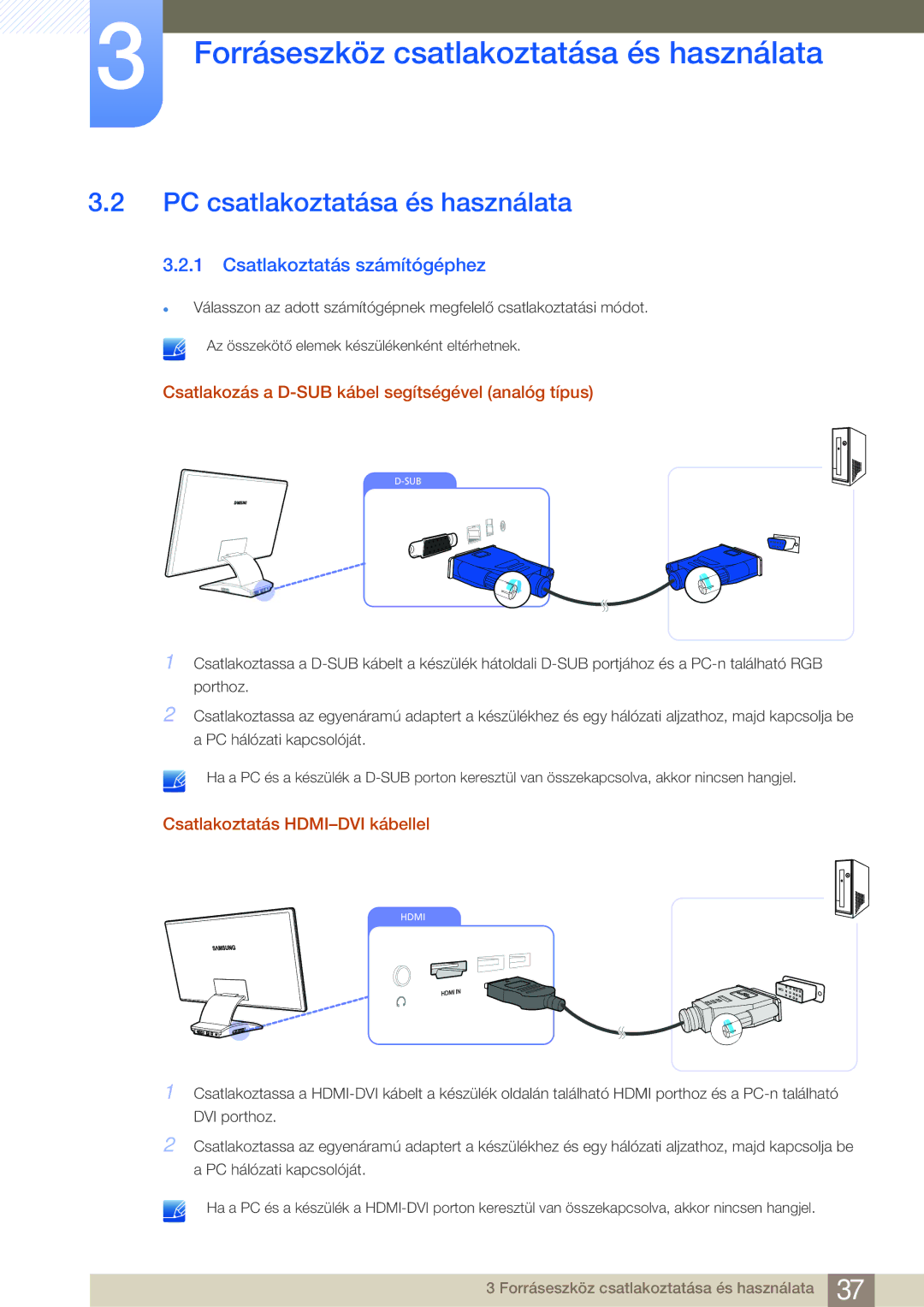 Samsung LC23A550US/EN PC csatlakoztatása és használata, Csatlakoztatás számítógéphez, Csatlakoztatás HDMI-DVI kábellel 