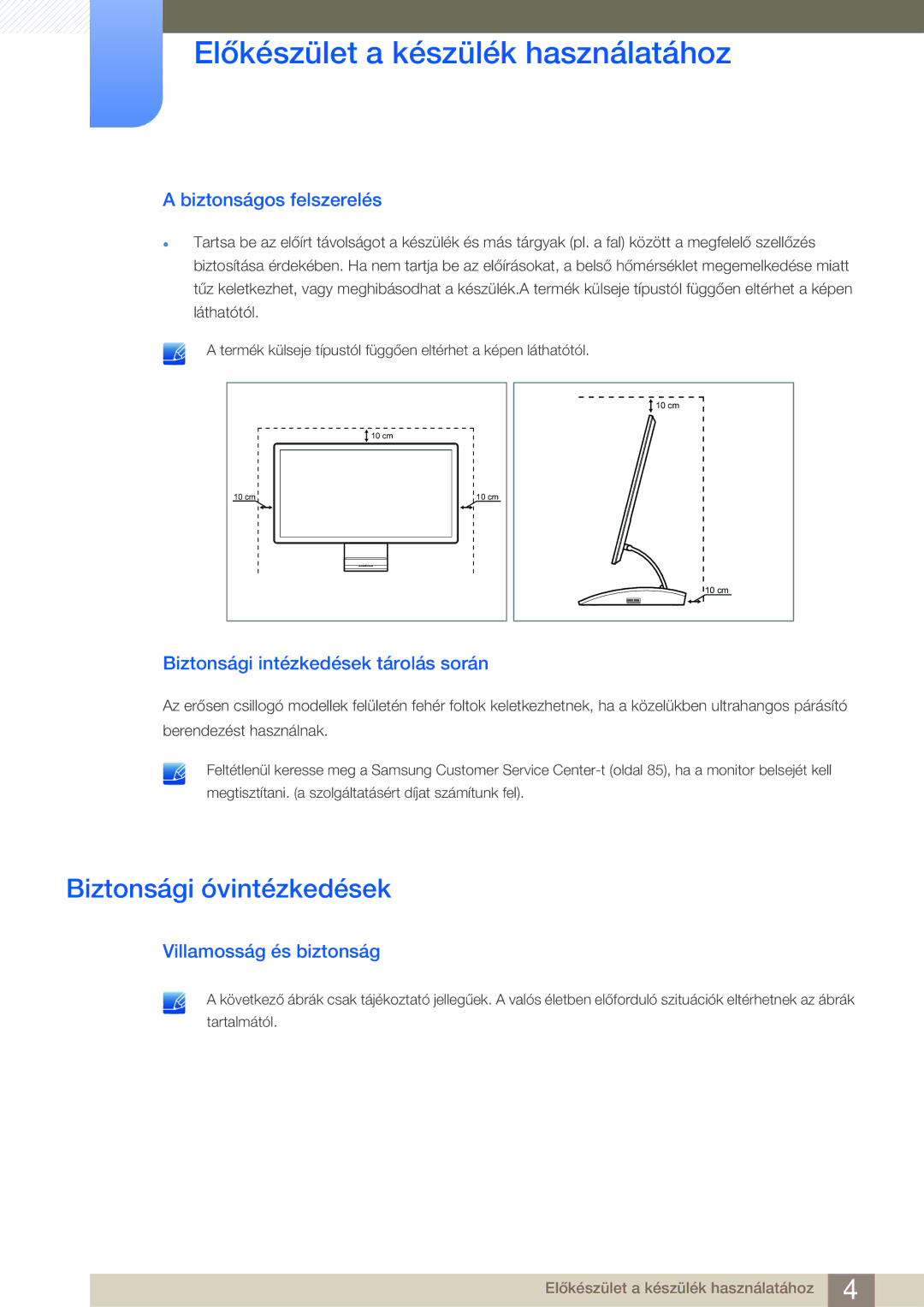 Samsung LC27A550US/EN manual Biztonsági óvintézkedések, Biztonságos felszerelés, Biztonsági intézkedések tárolás során 