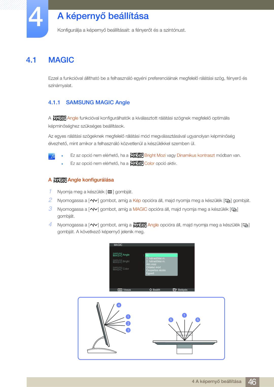Samsung LC27A550US/EN, LC23A550US/EN manual Képernyő beállítása, Samsung Magic Angle, Angle konfigurálása 