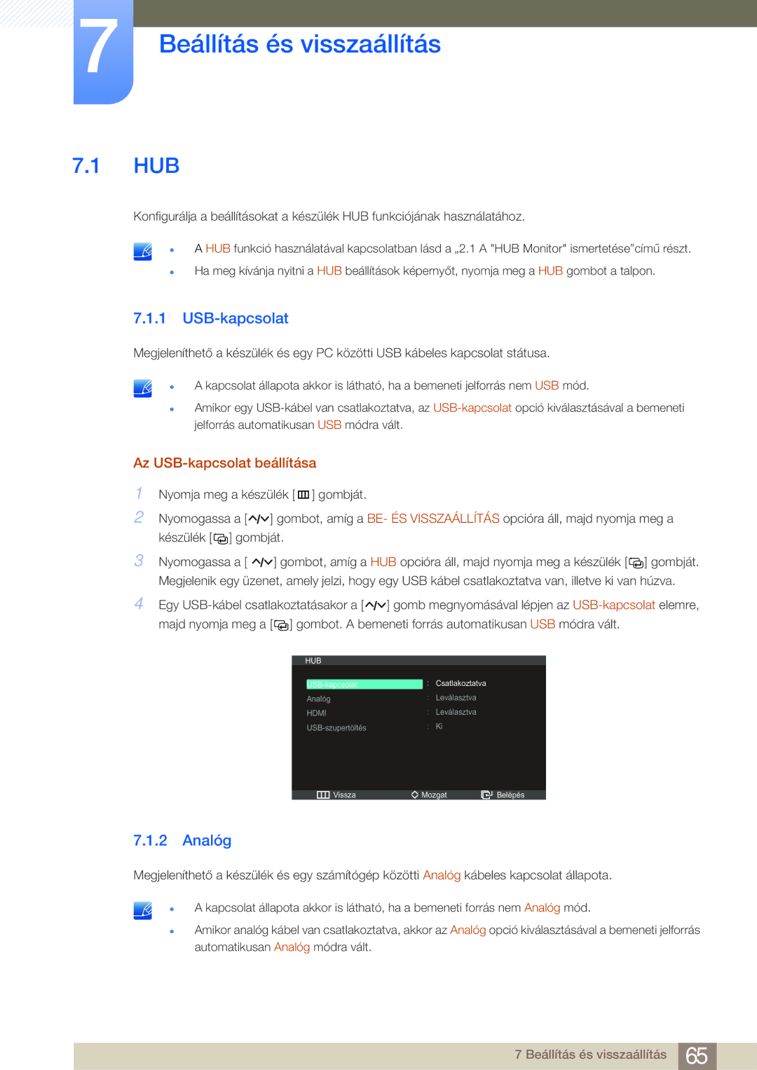 Samsung LC23A550US/EN, LC27A550US/EN manual Beállítás és visszaállítás, Hub, Analóg, Az USB-kapcsolat beállítása 