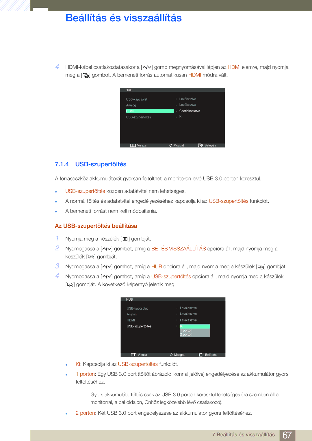 Samsung LC23A550US/EN, LC27A550US/EN manual Az USB-szupertöltés beállítása 