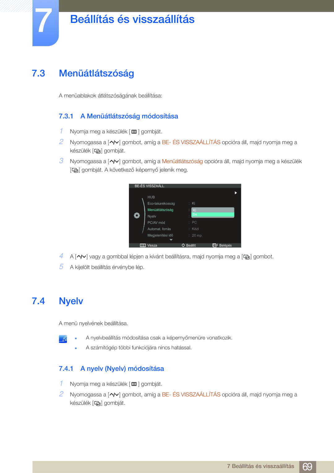 Samsung LC23A550US/EN, LC27A550US/EN manual Menüátlátszóság módosítása, Nyelv Nyelv módosítása 