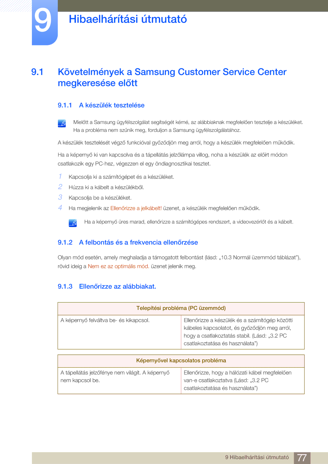 Samsung LC23A550US/EN manual Hibaelhárítási útmutató, 1 a készülék tesztelése, Felbontás és a frekvencia ellenőrzése 