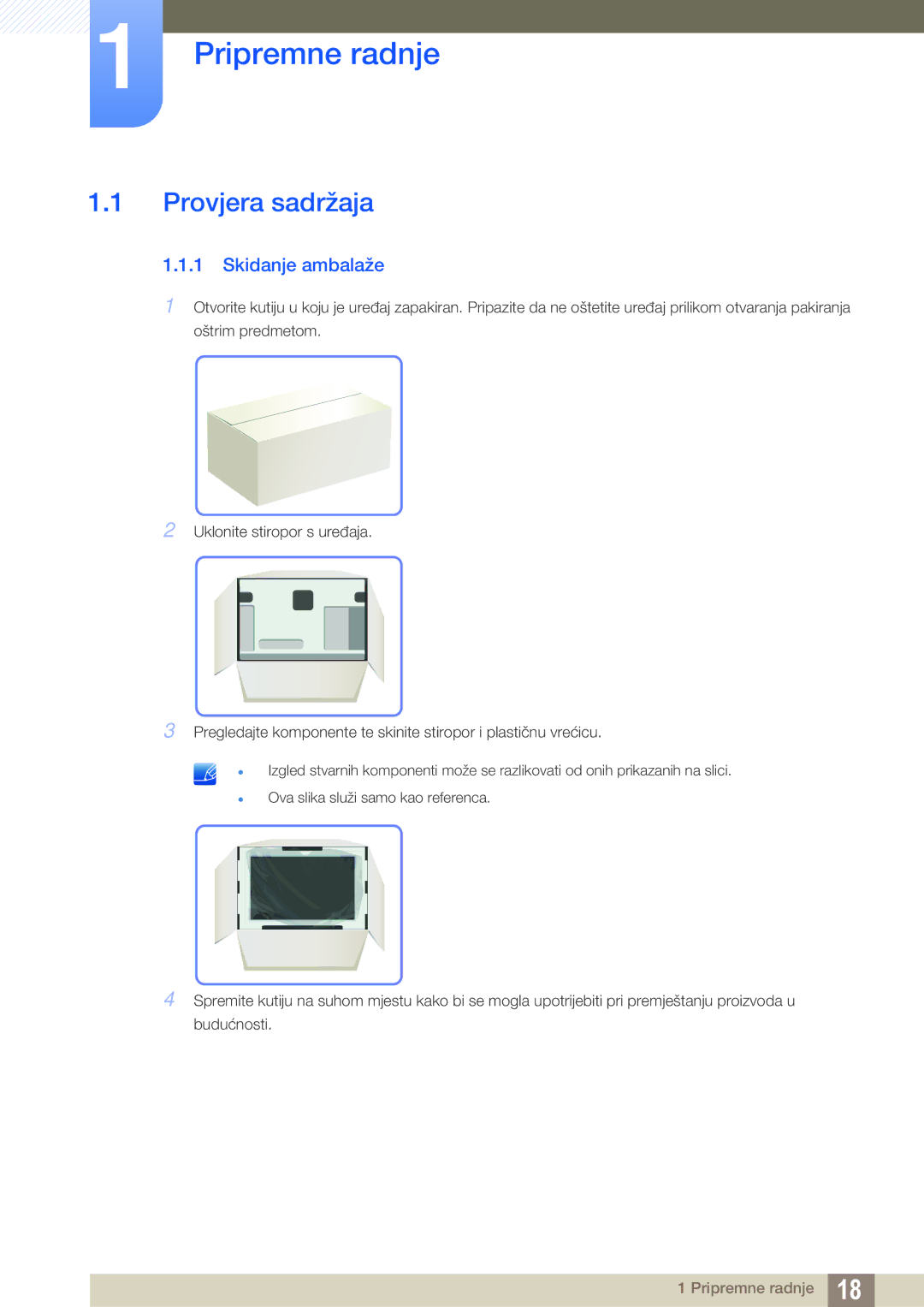 Samsung LC27A750XS/EN manual Pripremne radnje, Provjera sadržaja, Skidanje ambalaže 