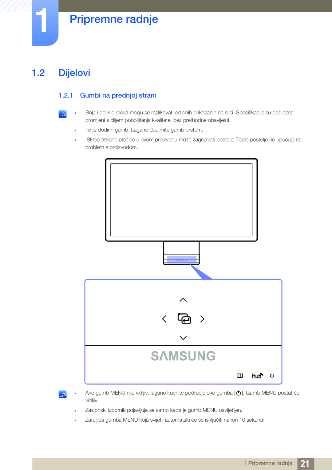 Samsung LC27A750XS/EN manual Dijelovi, Gumbi na prednjoj strani 