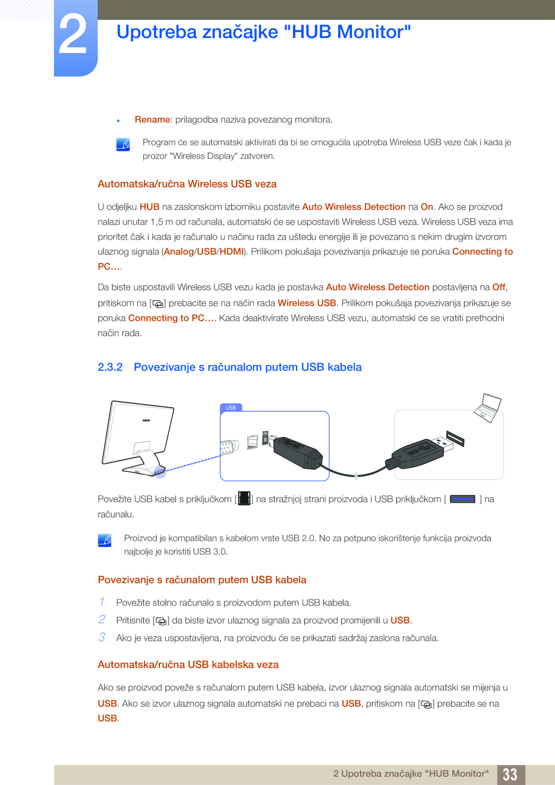 Samsung LC27A750XS/EN manual Povezivanje s računalom putem USB kabela, Automatska/ručna Wireless USB veza 