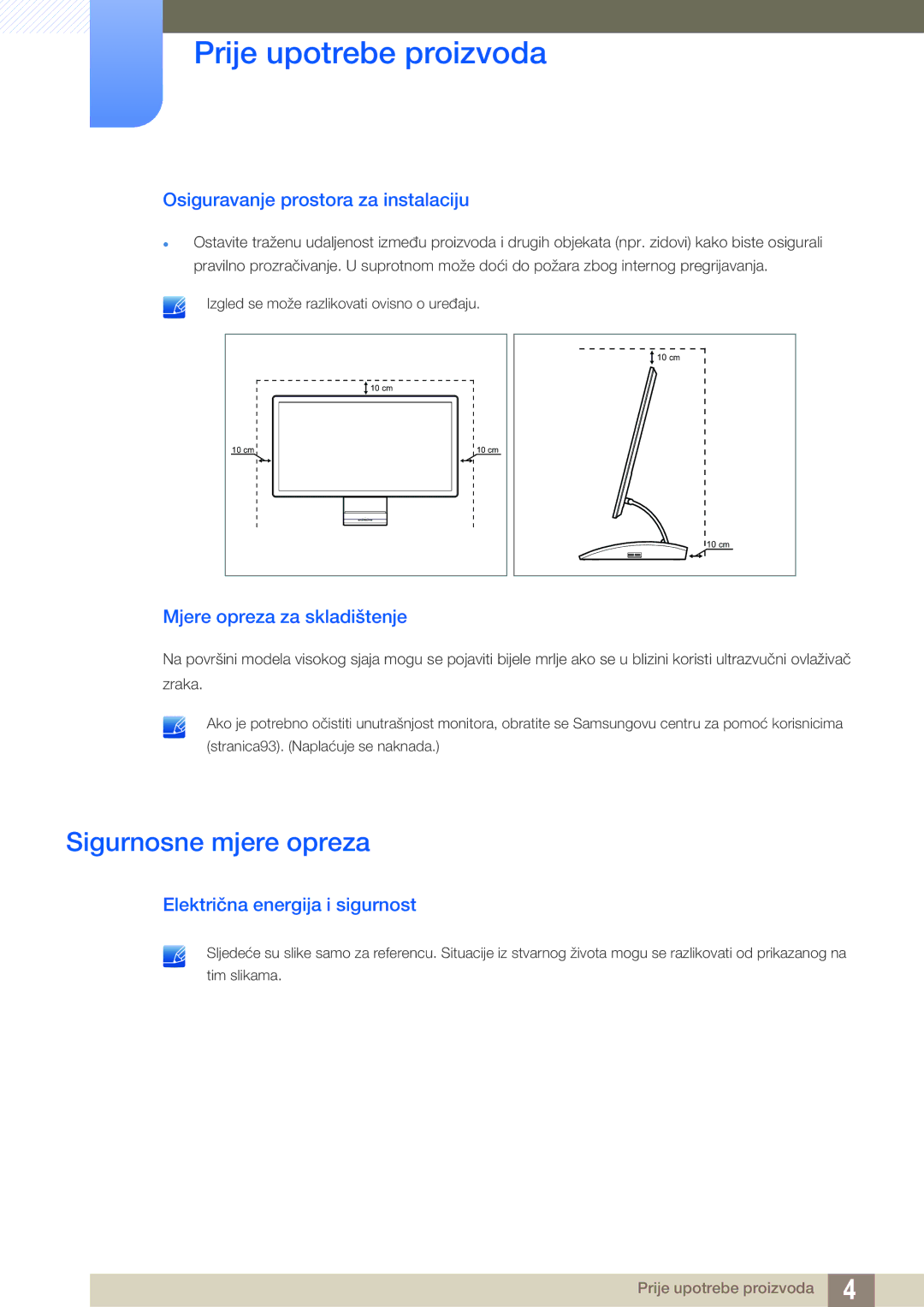 Samsung LC27A750XS/EN manual Sigurnosne mjere opreza, Osiguravanje prostora za instalaciju, Mjere opreza za skladištenje 