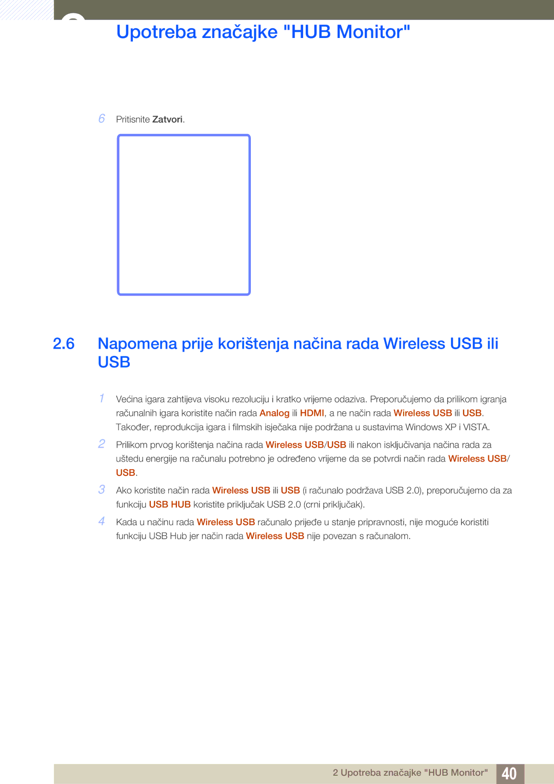 Samsung LC27A750XS/EN manual Napomena prije korištenja načina rada Wireless USB ili, Usb 