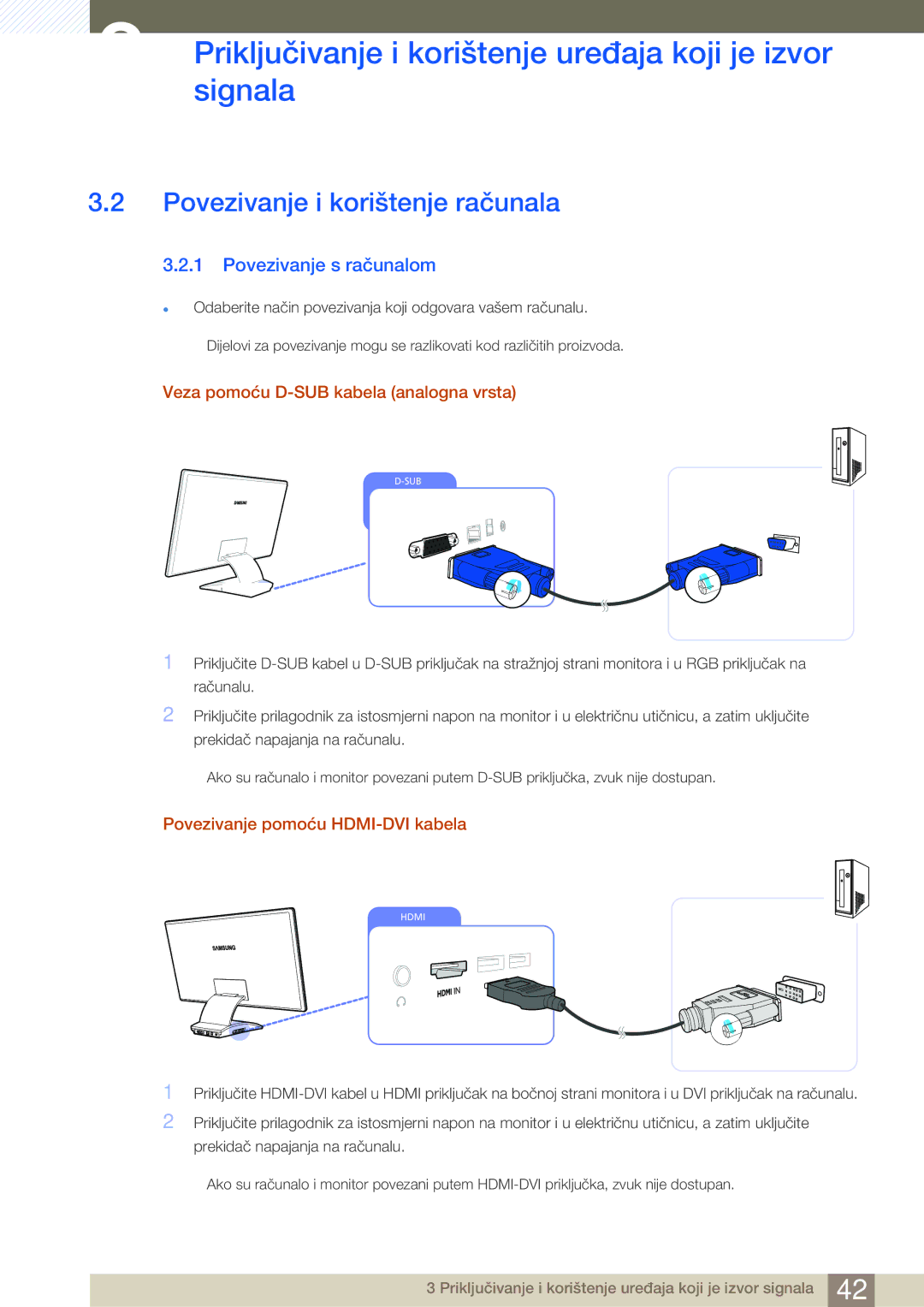 Samsung LC27A750XS/EN Povezivanje i korištenje računala, Povezivanje s računalom, Veza pomoću D-SUB kabela analogna vrsta 