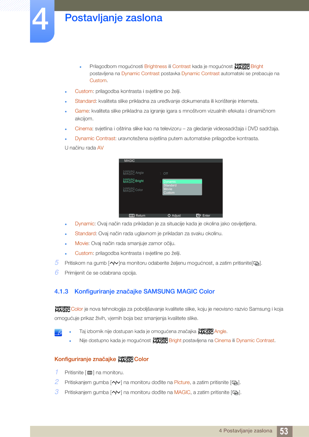 Samsung LC27A750XS/EN manual Konfiguriranje značajke Samsung Magic Color, Konfiguriranje značajke Color 