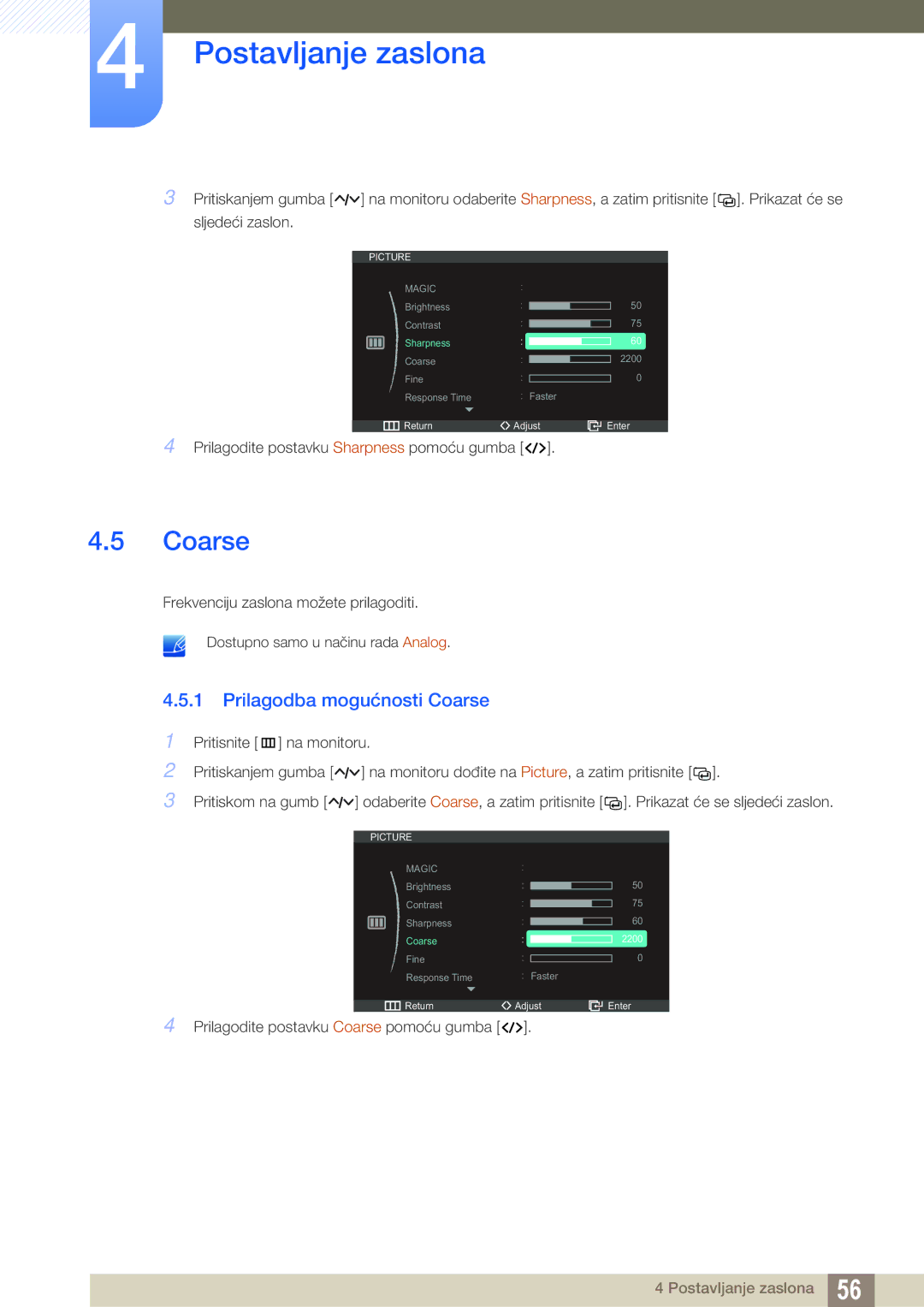 Samsung LC27A750XS/EN manual Prilagodba mogućnosti Coarse 