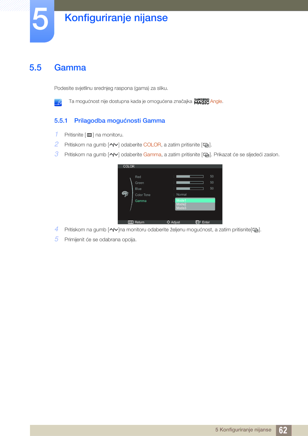 Samsung LC27A750XS/EN manual Prilagodba mogućnosti Gamma 