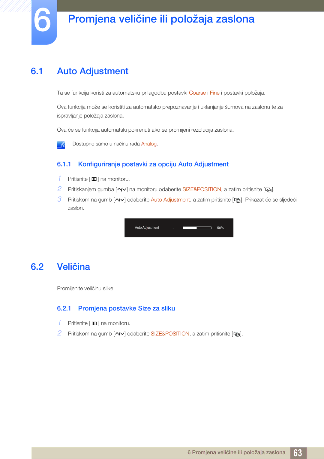 Samsung LC27A750XS/EN Promjena veličine ili položaja zaslona, Auto Adjustment, Veličina, Promjena postavke Size za sliku 