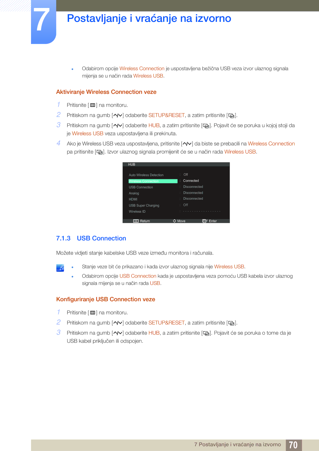 Samsung LC27A750XS/EN manual Aktiviranje Wireless Connection veze, Konfiguriranje USB Connection veze 